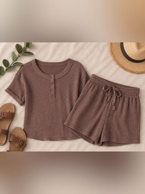 MINE Waffle Knit Lounge Matching Set Brown  Cozy Casual Women’s NWT Size Small